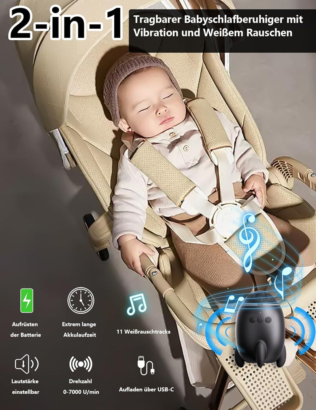 Kinderwagenschaukler, Wiederaufladbar Schlafhilfe für Baby mit 0-7000 U/min und Timer, kinderwagen S