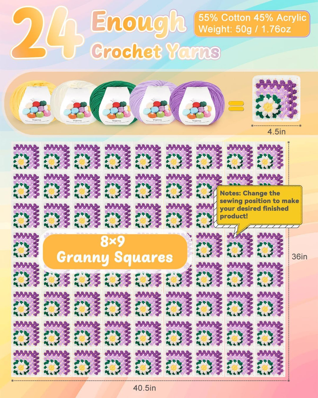 Coopay Granny Square Häkelset für Anfänger, Häkel Set für Gänseblümchen Decke 3D, Komplett Häkelset
