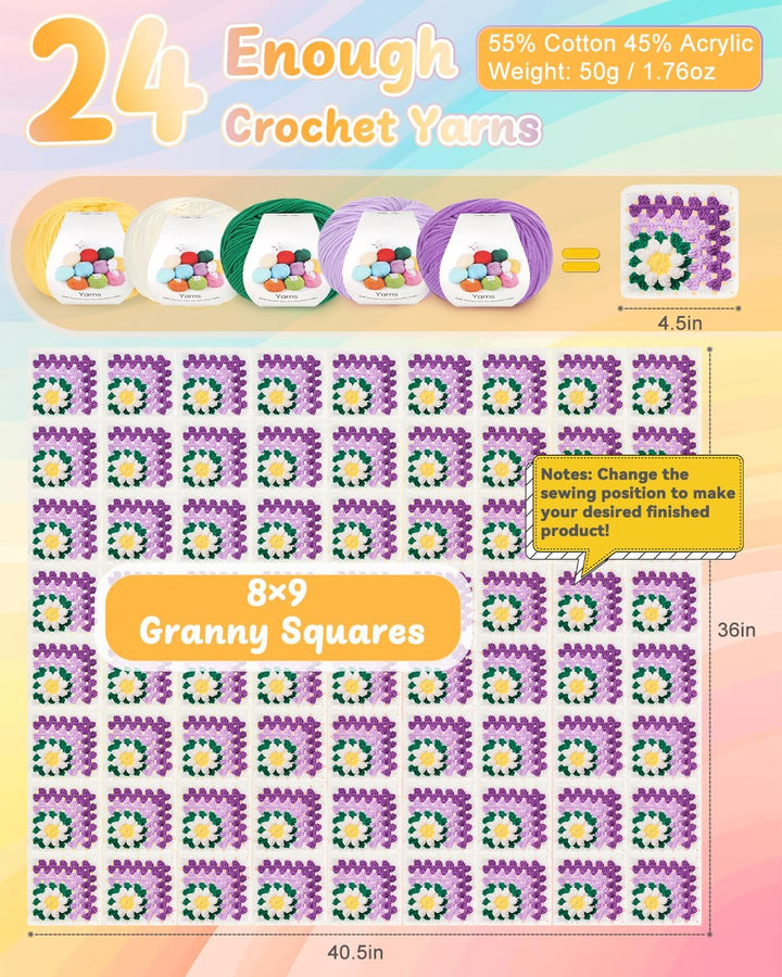 Coopay Granny Square Häkelset für Anfänger, Häkel Set für Gänseblümchen Decke 3D, Komplett Häkelset