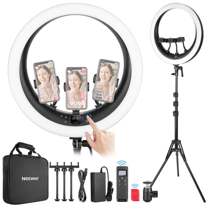 NEEWER 19Zoll Ringlicht mit Ständer,3 Telefonhalterungen & Mini Kugelkopf,verbesserte 2,4G&Touch Ste