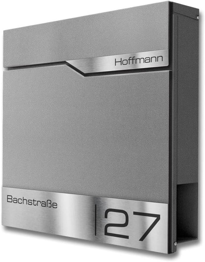 Metzler Briefkasten Graualuminium RAL9007 mit Zeitungsfach, personalisiert mit Edelstahl V2A Namenss