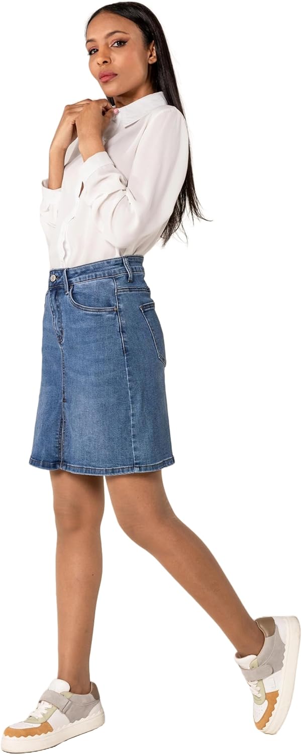 Nina Carter P213 Damen Kurzer Jeansrock mit Vorderem Schlitz Reissverschluss Stretch Used-Look Blau