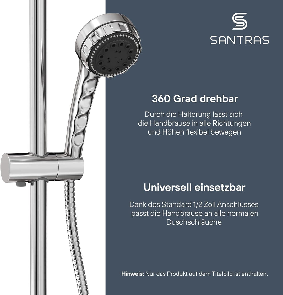 SANTRAS® Wandstange DELUXE in Chrom mit 900 mm Rohr mit Duschkopfhalterung – Individuell verstellbar