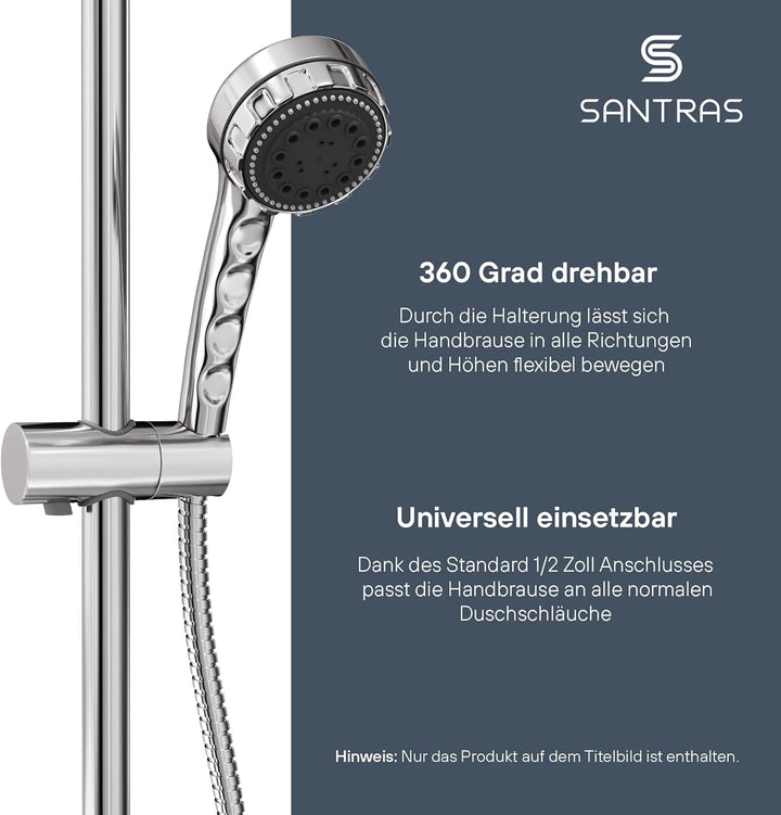 SANTRAS® Wandstange DELUXE in Chrom mit 900 mm Rohr mit Duschkopfhalterung – Individuell verstellbar