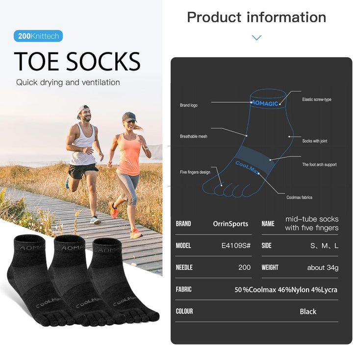 Zehensocken für Frauen Männer Coolmax Laufsocken 5 Fingersocken athletische Zehensocken 3 Paar 35-38
