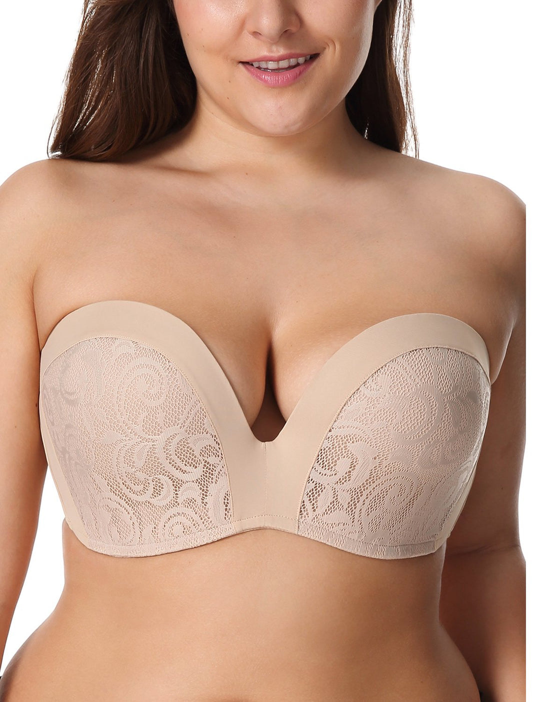 DELIMIRA Damen Push Up Trägerlos BH - Spitze Gemoldete Cups Trägerlos Büstenhalter 70B Beige, 70B Be