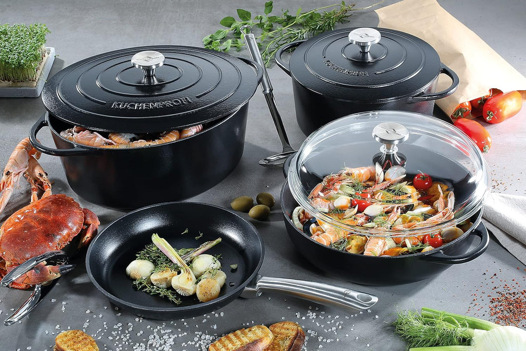 Küchenprofi Gusseisen Bräter mit Deckel, schwarz, 33 cm, Schmortopf, Auflaufform, Dutch Oven, Brotba