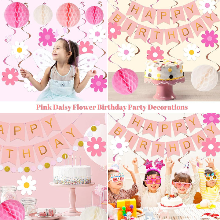 Rosa Dekorationen, Rosa Happy Birthday Banner mit Wabenball, Gänseblümchen Blume Hanging Swirl Strea