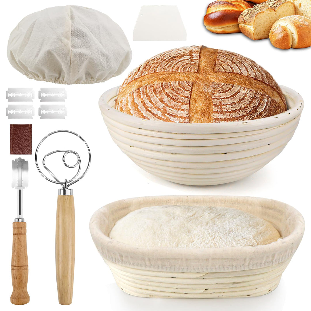 2 Stück Gärkörbchen für brot, Gärkorb Brot Set, 100% natürlichem Rattan, Brot 23cm Rund &amp; 24,5cm Ova