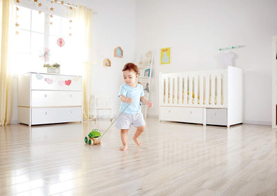 Hape Nachziehfrosch Fridolin von Hape | Holzfrosch Fliegen fressendes Nachzieh-Spielzeug für Kleinki