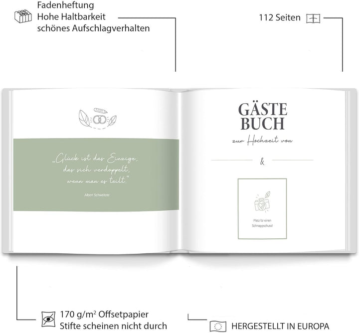 LEAF & GOLD® Gästebuch Hochzeit I Edles Hochzeitsgästebuch mit Fragen I Gästebuch zum Ausfüllen mit