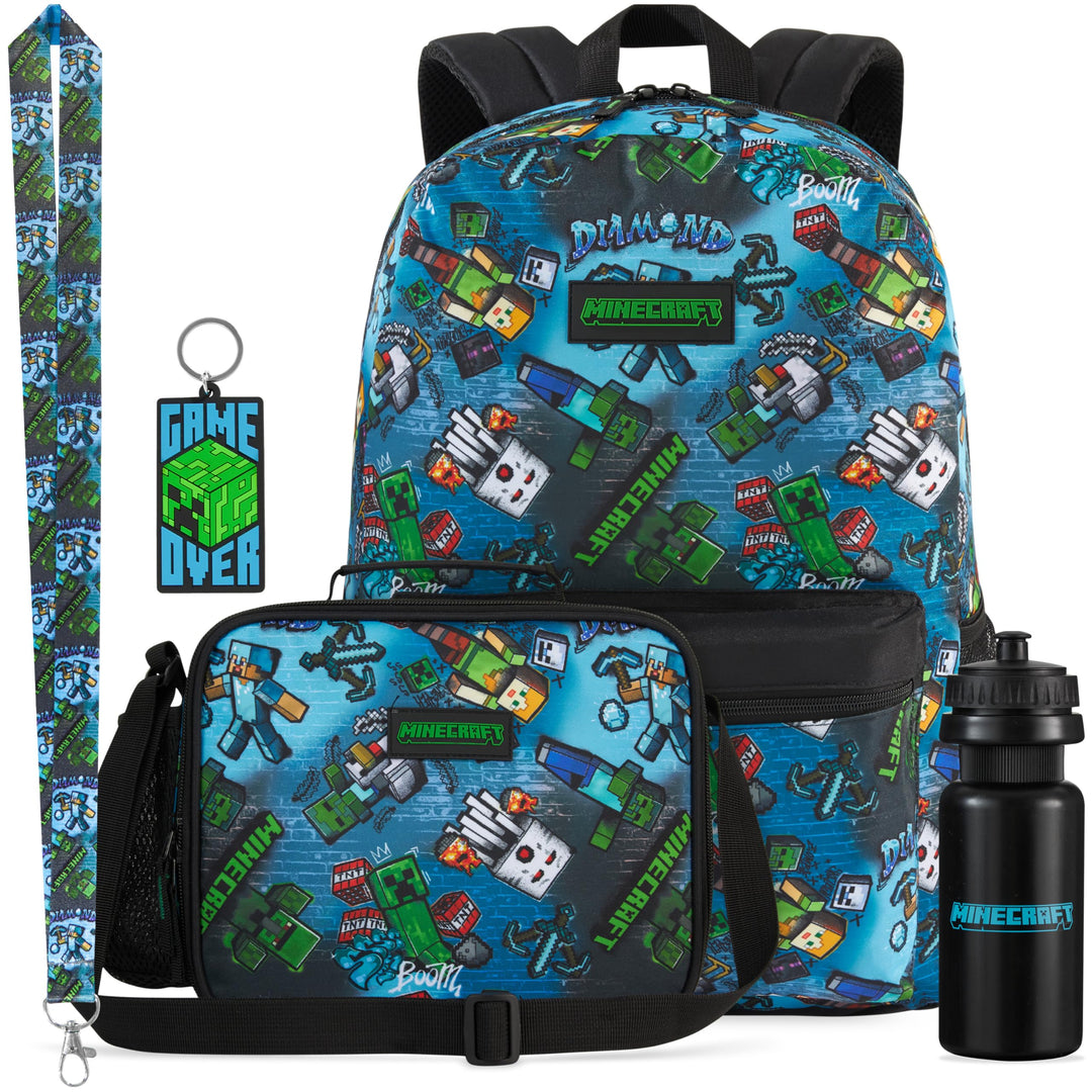 Get Trend Minecraft Rucksack Kinder 5er Set, Kinderrucksack mit Federmäppchen, Isolierte Lunchtasche