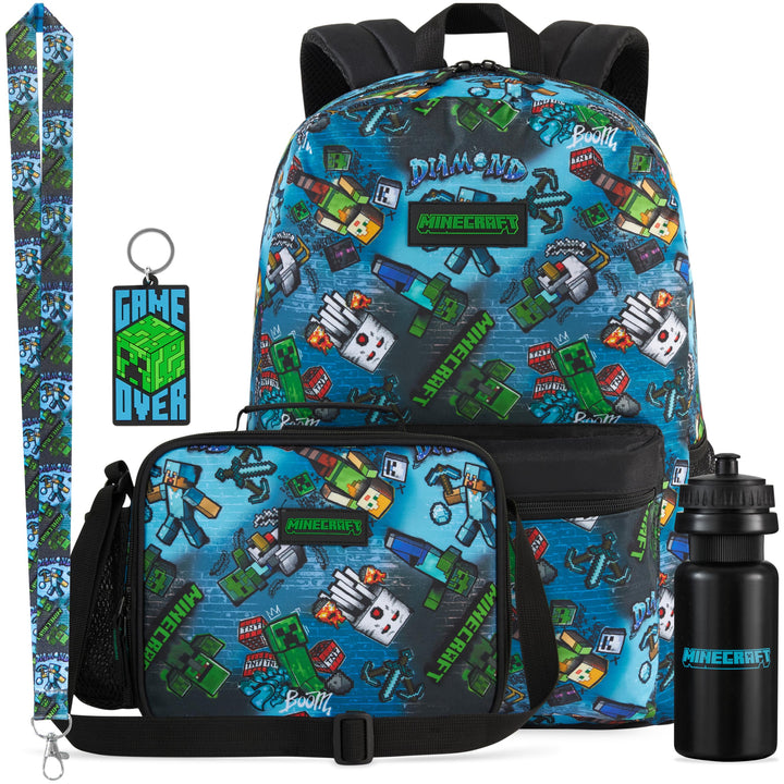 Get Trend Minecraft Rucksack Kinder 5er Set, Kinderrucksack mit Federmäppchen, Isolierte Lunchtasche