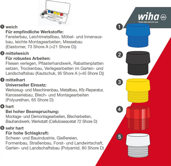 Wiha Schonhammer Set Safety (44008) Gummihammer mit gemischten Schlagköpfen 8-tlg. in Box