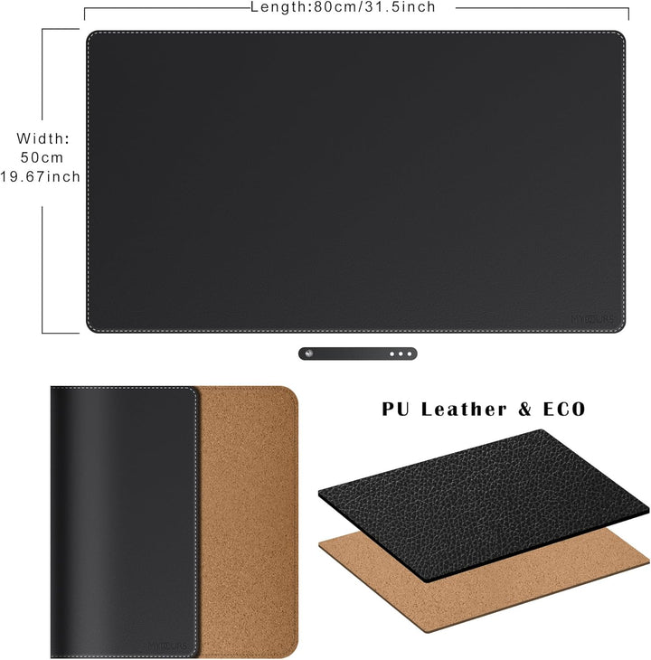 Mydours 80x50cm Premium Schreibtischunterlage, Grosse Schreibtischmatte aus Kork und PU Leder, Doppe