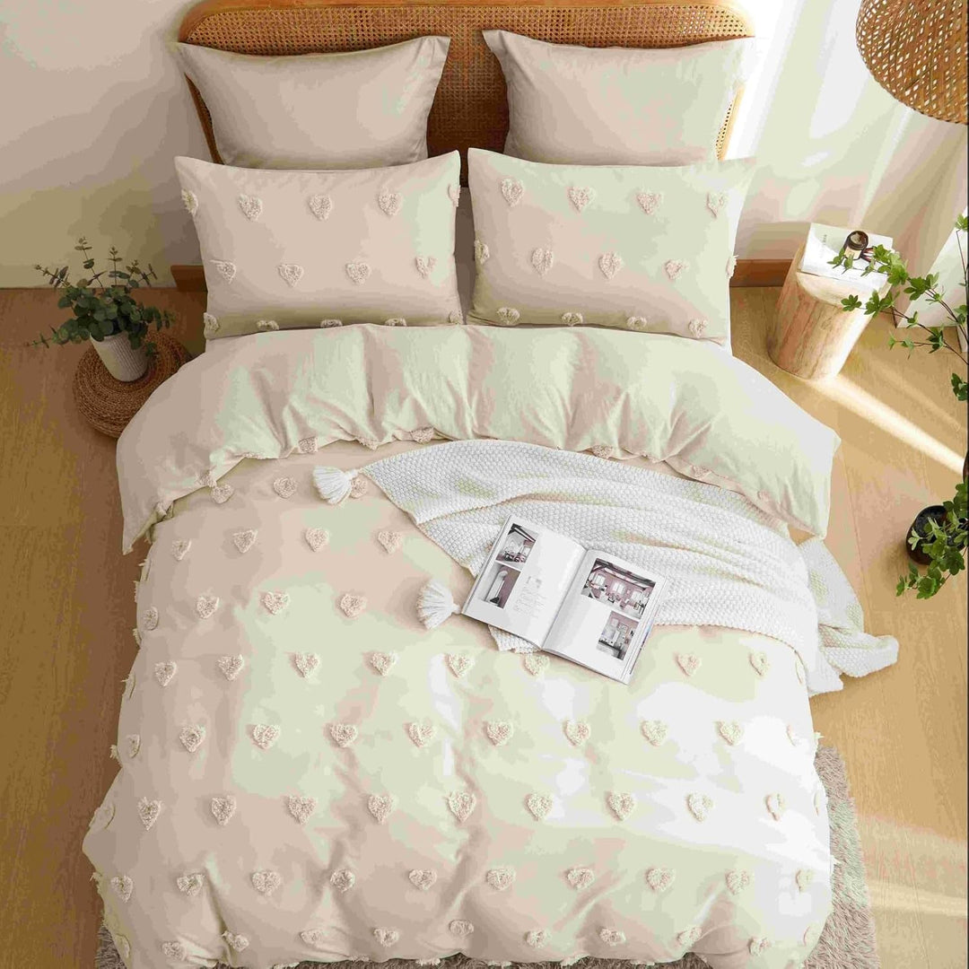 Freyamy Boho Bettwäsche 135x200cm Beige Getuftet Herz Bettwäsche-Sets Stickerei Shabby Chic Bettware