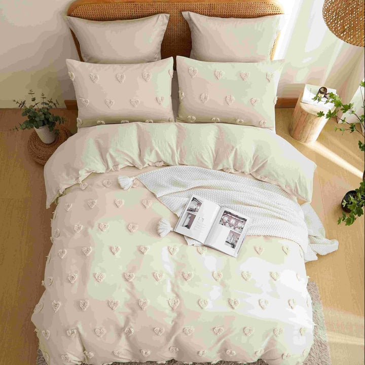 Freyamy Boho Bettwäsche 135x200cm Beige Getuftet Herz Bettwäsche-Sets Stickerei Shabby Chic Bettware