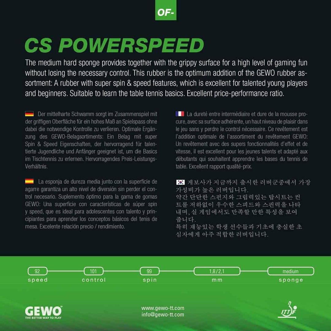 GEWO CS Powerspeed Tischtennis Belag – griffig & kontrolliert mit Medium-Schwamm – ideal für Einstei