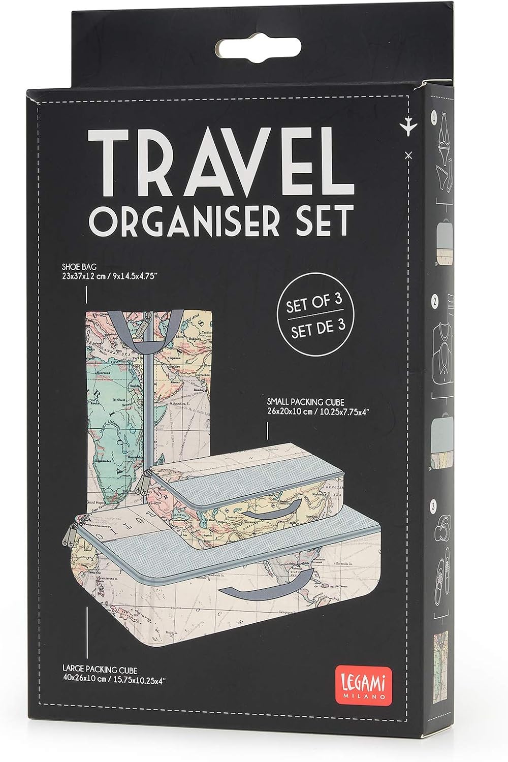 Legami - Travel Organiser Reisebeutel mit Kartendruck, 3 Stück, map, map