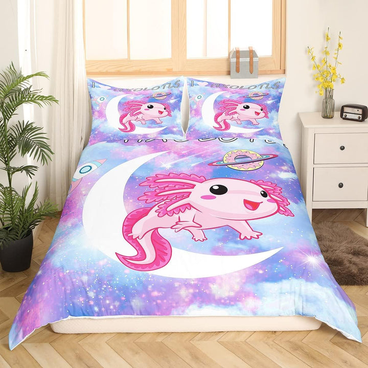Loussiesd Kawaii Axolotl Betten Set Karikatur Axolotl Rosa Lila Galaxis Bettwäsche Set 135x200cm 3D