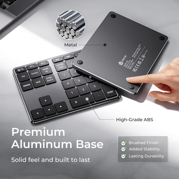 iClever Nummernblock, kabelloser Aluminium-Nummernblock für mehrere Geräte, USB-C wiederaufladbar, e