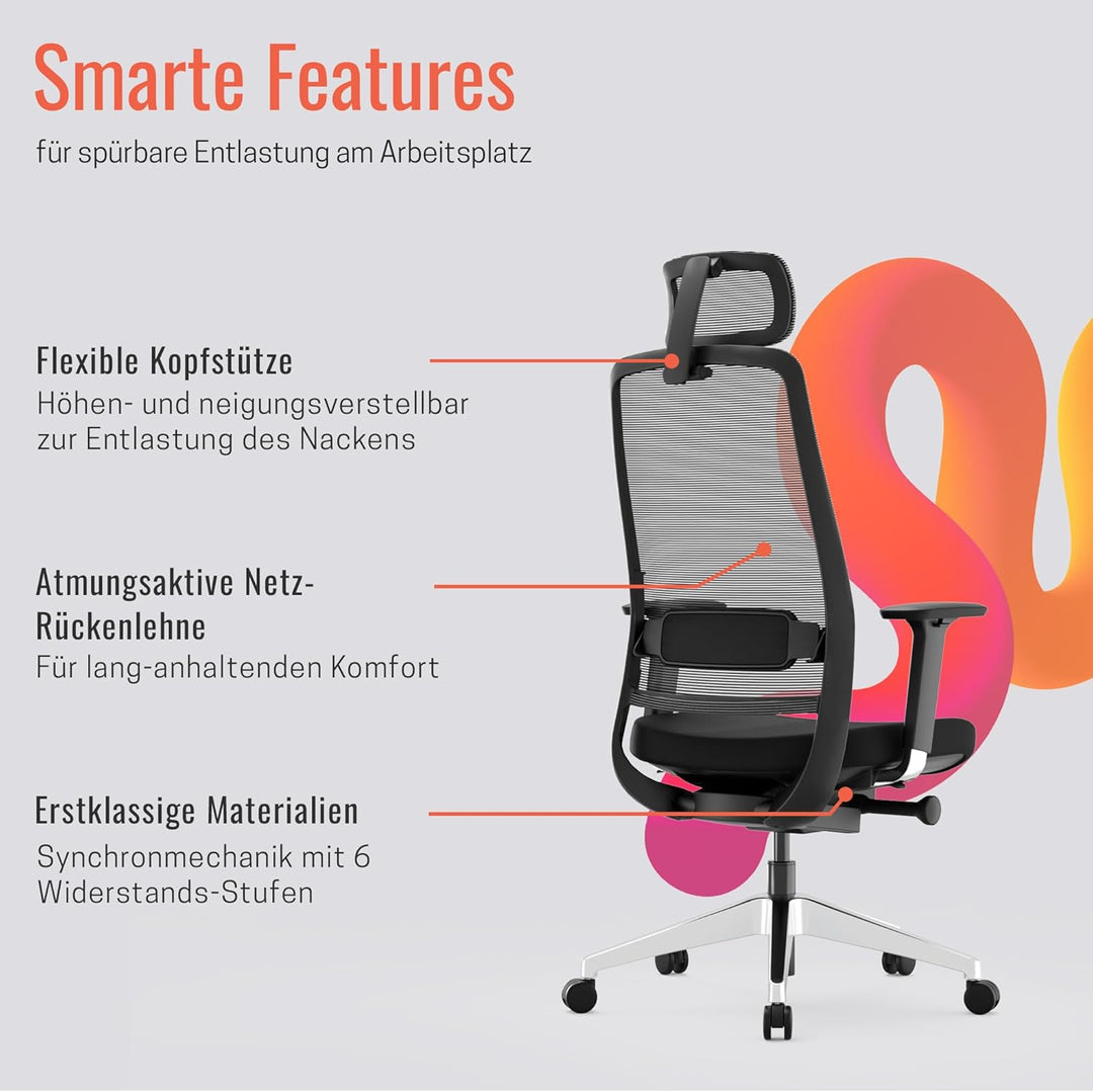 Yaasa Chair Expert Bürostuhl ergonomisch, Schreibtischstuhl verstellbare Kopfstütze, 4D-Armlehnen, L