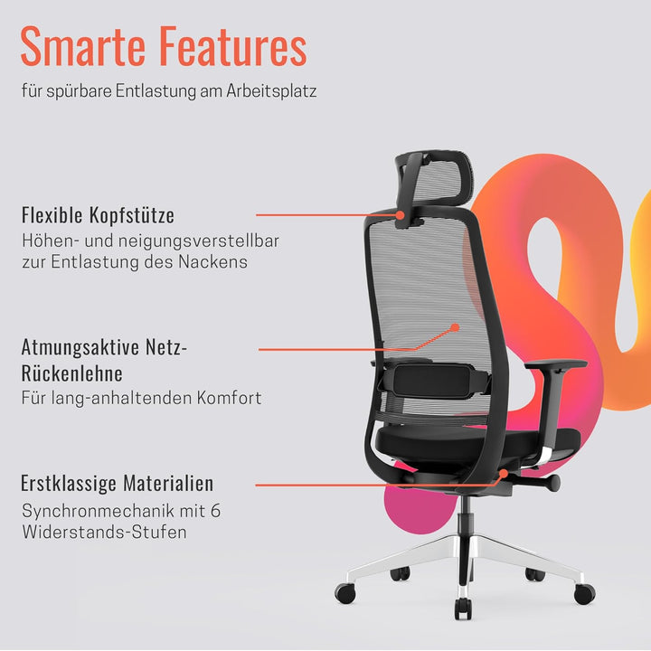 Yaasa Chair Expert Bürostuhl ergonomisch, Schreibtischstuhl verstellbare Kopfstütze, 4D-Armlehnen, L