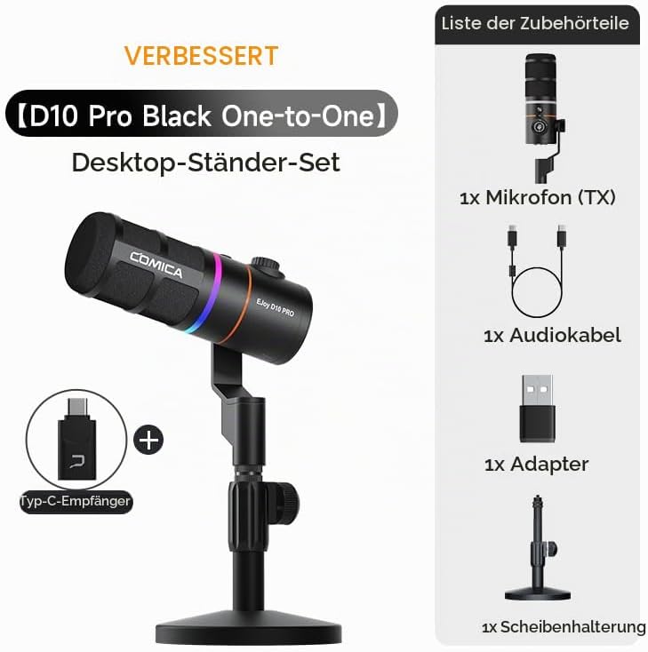 COMICA EJoy D10 Pro Mikrofon Cardioid Dynamisches USB-C/XLR Mikrofon mit 48kHz/24bit, RGB-Beleuchtun