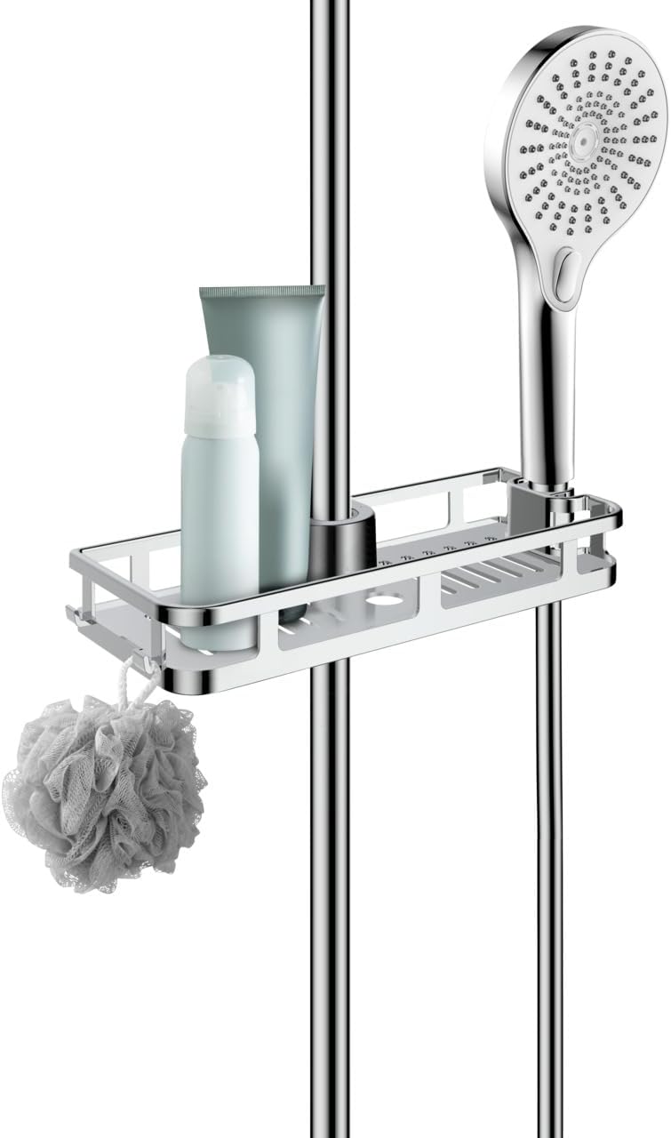 WENKO Duschablage Libertà Chrom, Duschregal mit Haken und Duschkopfhalter aus Kunststoff, Anbringung