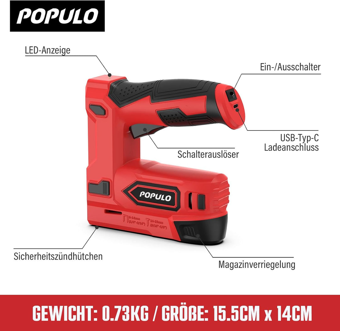 POPULO Akku Tacker, 2-in-1 Lithium-Ionen-Heftgerät, 4V Nagelgerät Set Mit Ladekabel, 1600 Heftklamme