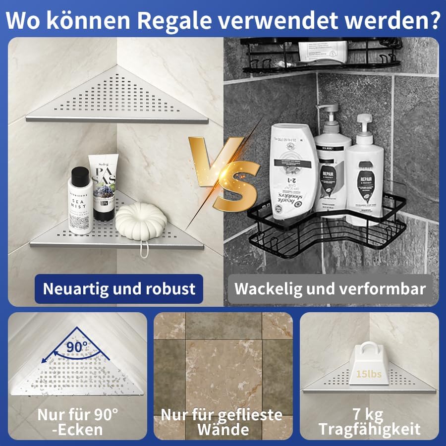 Eck Duschregal, Edelstahl 304 Badezimmerregal aus Stahl mit Gitterdesign für geflieste Wände, Einbau