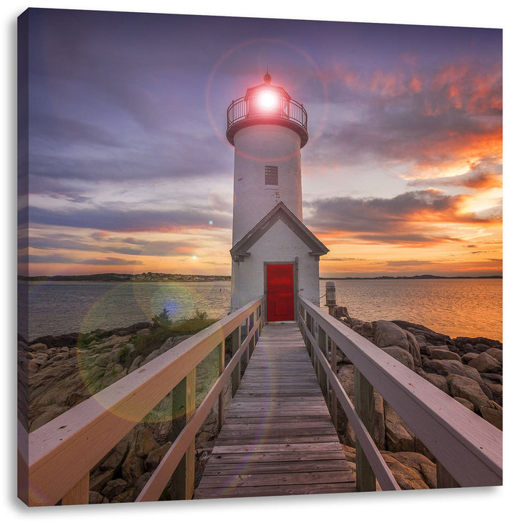 Pixxprint Leuchtturm bei Sonnenuntergang als Leinwandbild | Grösse: 70x70 cm | Wandbild | Kunstdruck