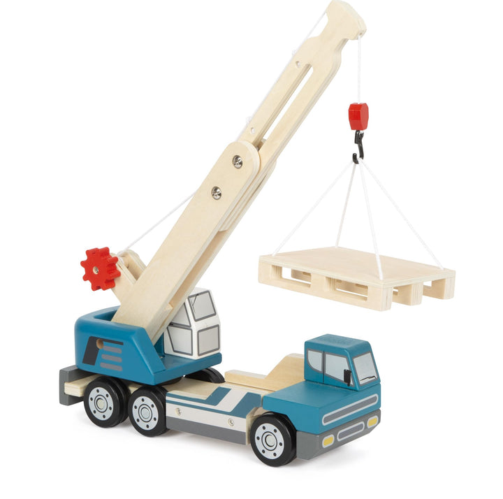 small foot Kranwagen mit Palette aus Holz, Spielfahrzeug für Kinder, mit 360°-drehbarem Kran und Zub