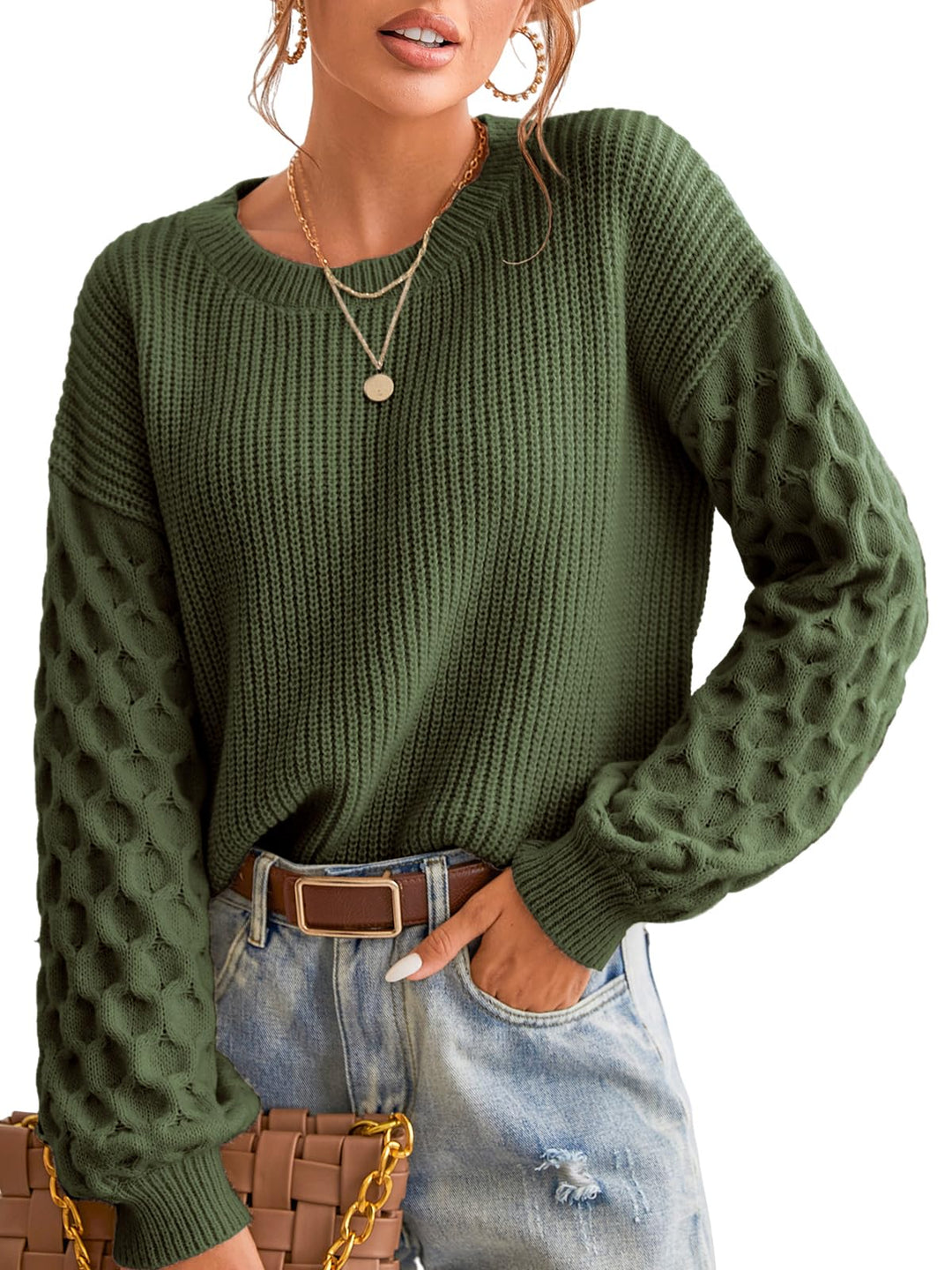 CUPSHE Damen Strickpullover Rundhals Langarm Feinstrick Pulli Jumper Oberteile Tops Honeycomb Knit S