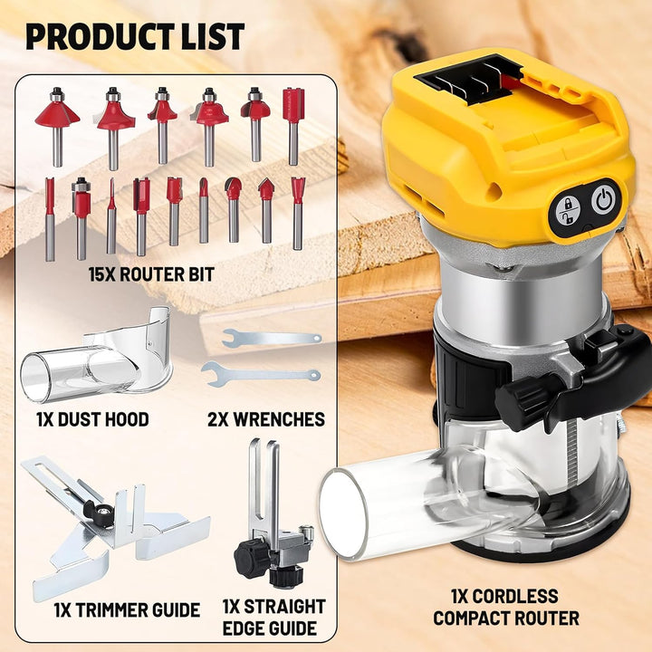 Kabelloser Oberfräse Dewalt, 18/20 V Akku, 800 W, 30.000 U/min, bürstenlos, 6 Geschwindigkeiten, Alu