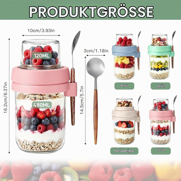 Müslibecher to Go mit Löffel,4 Stück Joghurtbecher mit Toppingbehälter,Overnight Oats Glas, Auslaufs