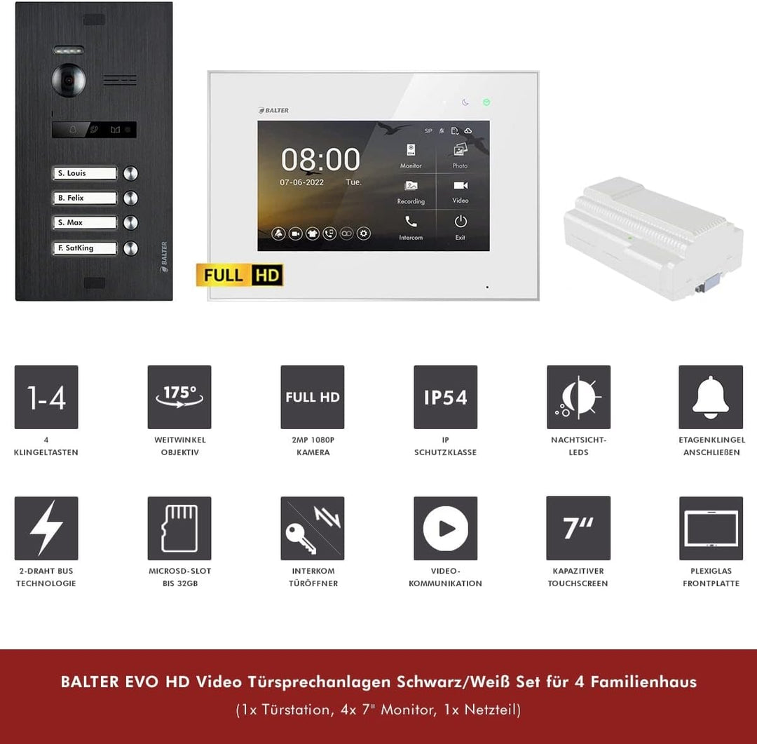 Balter EVO HD Schwarz/Weiss Video Türsprechanlage Set für 4 Familienhaus (1x Türstation mit Full HD-