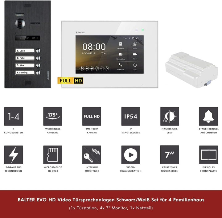Balter EVO HD Schwarz/Weiss Video Türsprechanlage Set für 4 Familienhaus (1x Türstation mit Full HD-