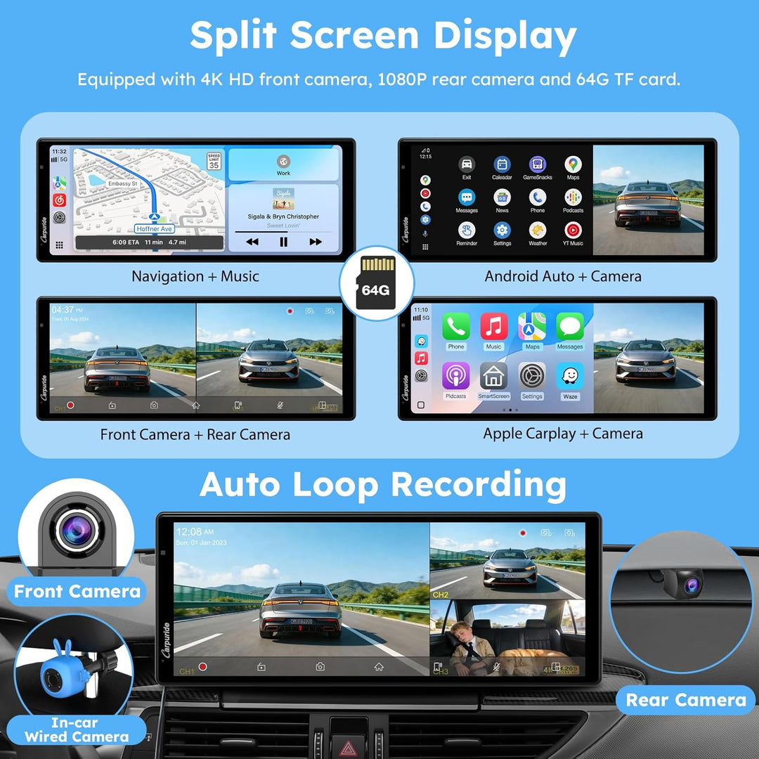 CARPURIDE W903S3 CarPlay Display 9.3" Triple Kamera 4K Android Auto GB TF 9.3 zoll, 9.3 zoll
