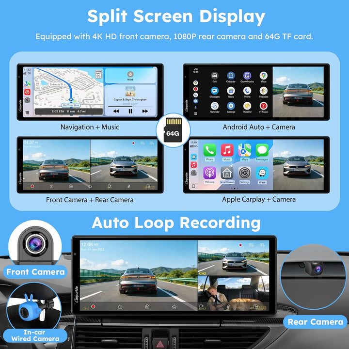 CARPURIDE W903S3 CarPlay Display 9.3" Triple Kamera 4K Android Auto GB TF 9.3 zoll, 9.3 zoll