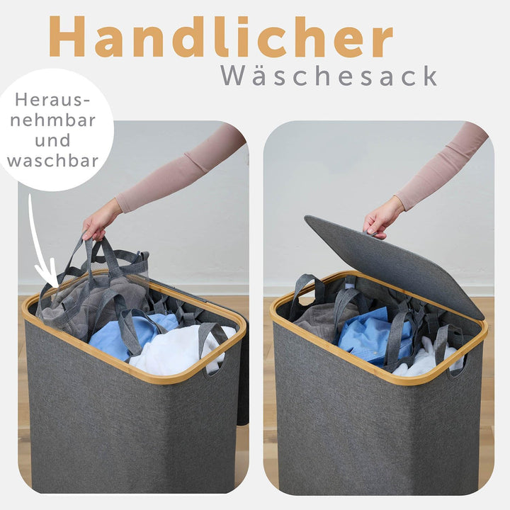 Blumtal Wäschesammler 140 L - Wäschekorb 2 Fächer mit herausnehmbarem Wäschesäcken - Pfandflaschen A