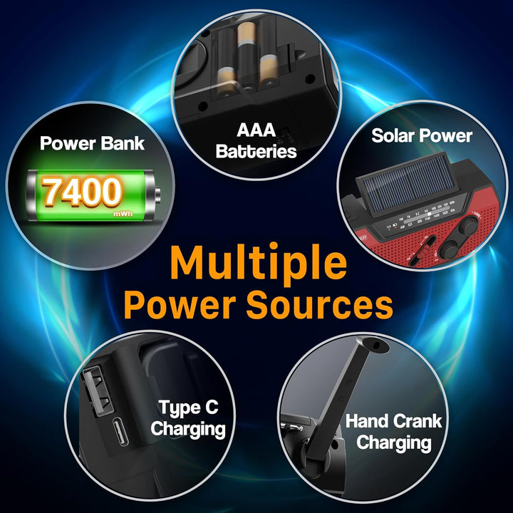 FosPower - Notfallradio NOAA/AM/FM mit 7400mWh Tragbare Powerbank - Aufladung per USB/Solar/Handkurb