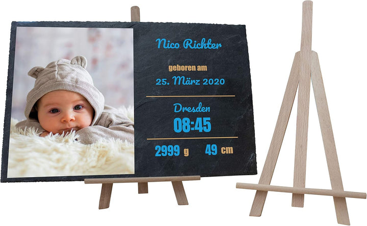 wandmotiv24 Schieferplatte mit eigenem Foto zur Geburt, 30 x 20 cm, inklusive Staffelei, Babyfoto, G