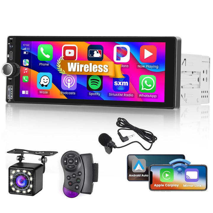 Hikity 1 DIN Wireless Carplay Autoradio 6,9” Touchscreen Auto Radio Android Auto Bildschirm mit Blue