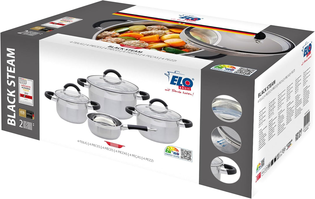 ELO Topfset Basic Black Steam 4tlg, Edelstahl, dosiertes Abdampfen, energiesparender Kapselboden, Vo