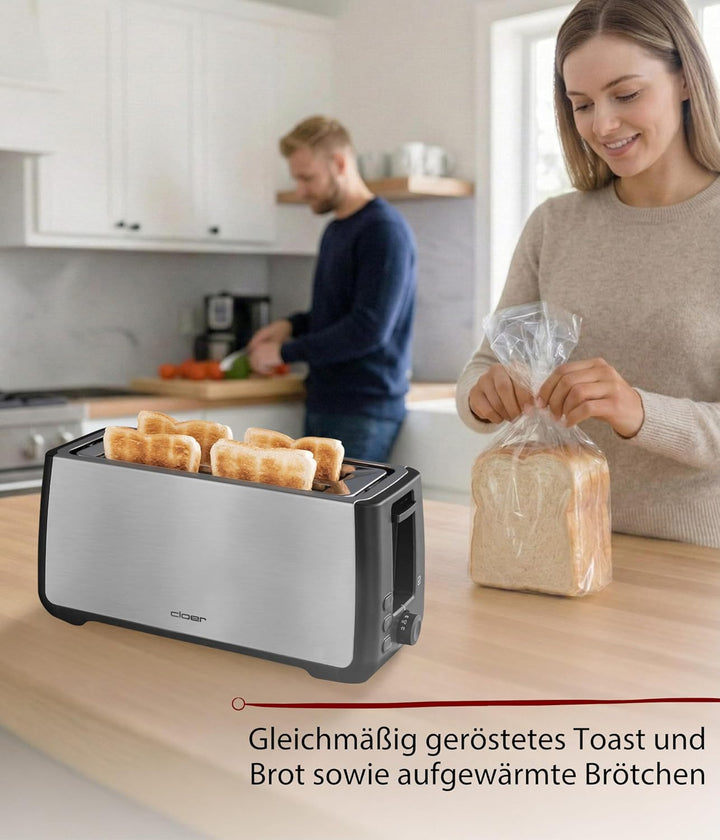 Cloer 3579 King-Size Toaster für 4 XXL Scheiben, Check-Funktion, Edelstahlgehäuse, 1500 Watt, schwar