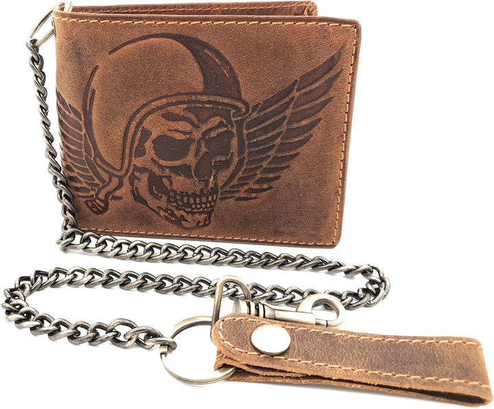 echt Leder Biker Geldbörse quer Hunterleder Portemonnaie Totenkopf Schädel Wing of Hell mit 50cm Ket