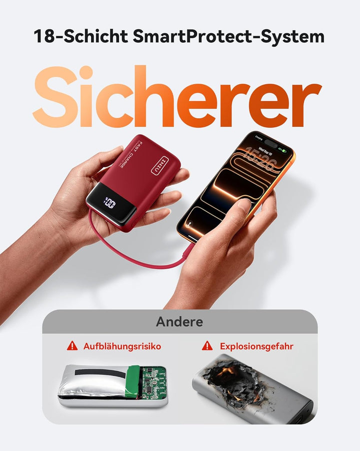 INIU 45W Power Bank, Ultra Klein 20000mAh Powerbank mit Integriertem USB C Kabel, Schnellladen Exter