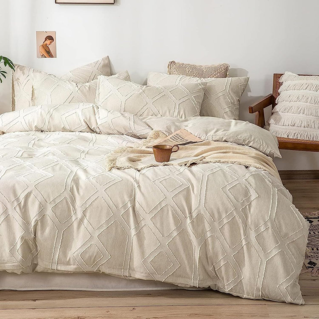 Freyamy BohoBettwäsche 135x200cm Getuftet Geometrische Beige Bettwäsche-Set Stickerei Modern Chic Mi