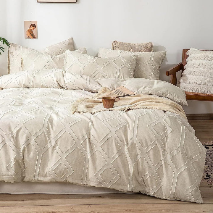 Freyamy BohoBettwäsche 135x200cm Getuftet Geometrische Beige Bettwäsche-Set Stickerei Modern Chic Mi